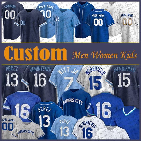 

13 salvador perez 7 bobby witt jr. baseball jersey custom kansas city zack greinke kc royals bo jackson george brett hunter dozier brad kell, Blue;black