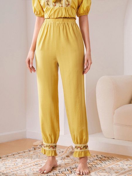 

floral embroidery ruffle hem sleep pants p4jb#, Black;red