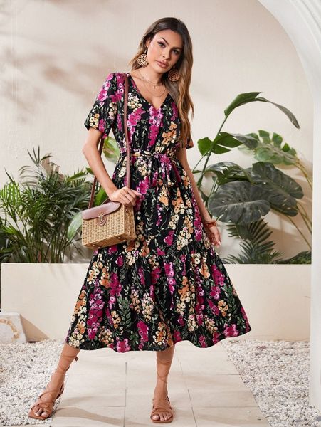 

floral print ruffle hem belted dress a1s0#, Black;gray