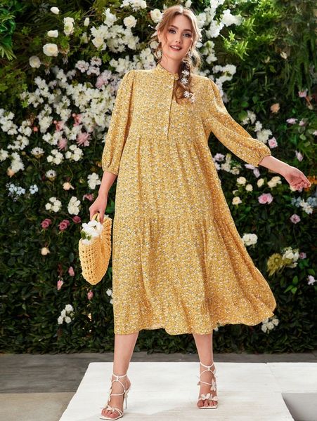 

plus bishop sleeve ditsy floral shirt dress z1sj#, Black
