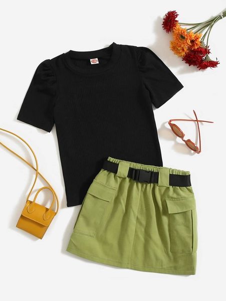 

girls puff sleeve tee & flap pocket belted skirt she, White