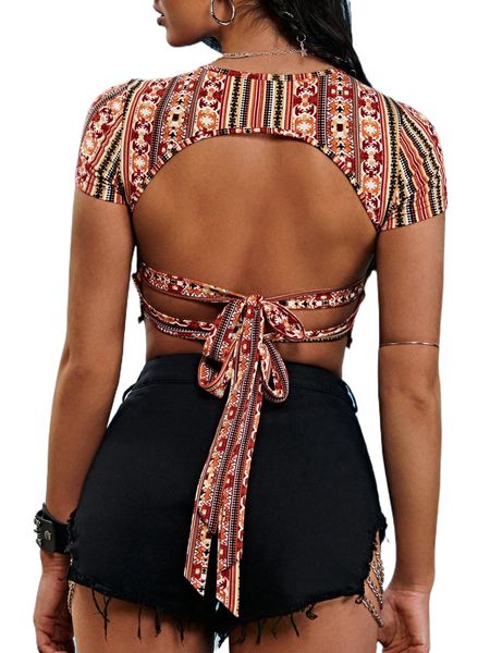 

geo print backless knot crop tee x9gs#, White