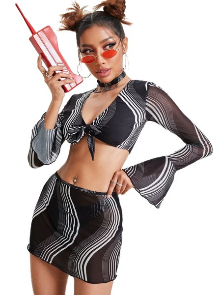 

allover print knot front bikini swimsuit with beach skirt l5vw#, White;black