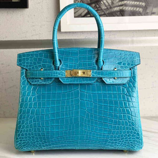 

tote herme birkins high crocodile skin nile crocodile platinum 30 turquoise blue h hand sewn wax thread handbag women's bag customized