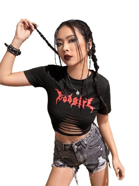 

romwe letter graphic ladder cut crop tee z4ly#, White