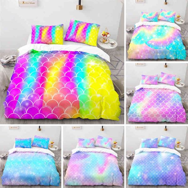 Conjunto de cama colorido de escamas de peixe para crianças, menina, azul, rosa, pele de sereia, capa de edredom com fronhas, decoração de quarto