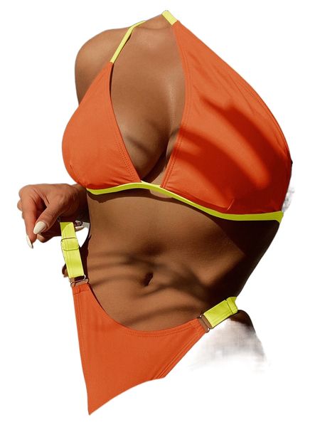 

contrast binding cut out one shoulder bikini swimsuit n81r#, White;black