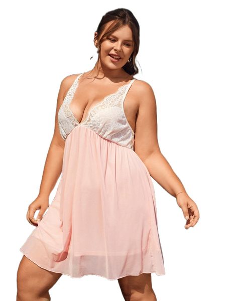 

plus contrast lace cami nightdress q10n#, Black;white