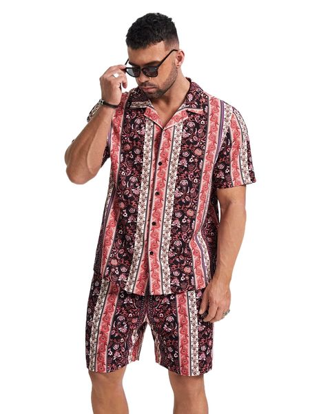 

extended sizes men floral print lapel neck shirt & shorts y1ac#, Gray