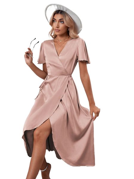 

solid flounce sleeve wrap dress m6r2#, Black;gray