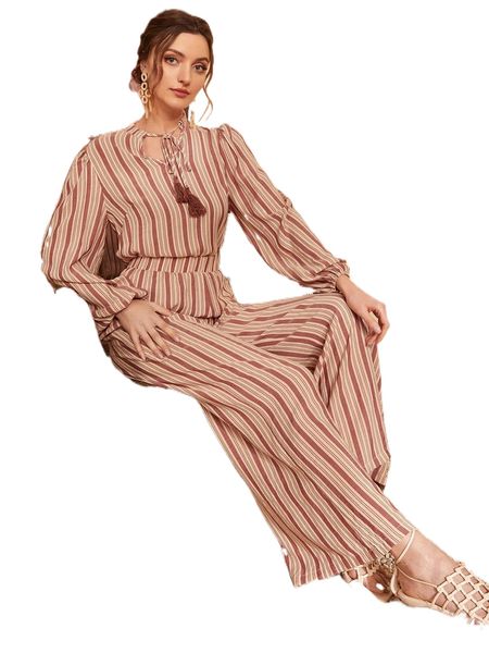 

vertical striped tie neck tassel trim lantern sleeve & wide leg pants s1gd#, White
