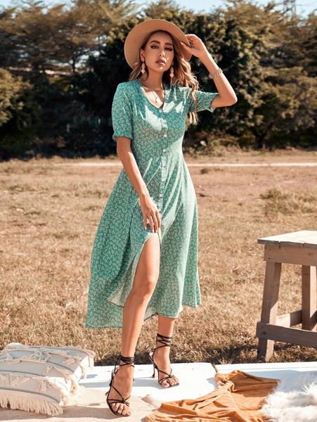 

ditsy floral flounce sleeve dress h3ig#, Black;gray