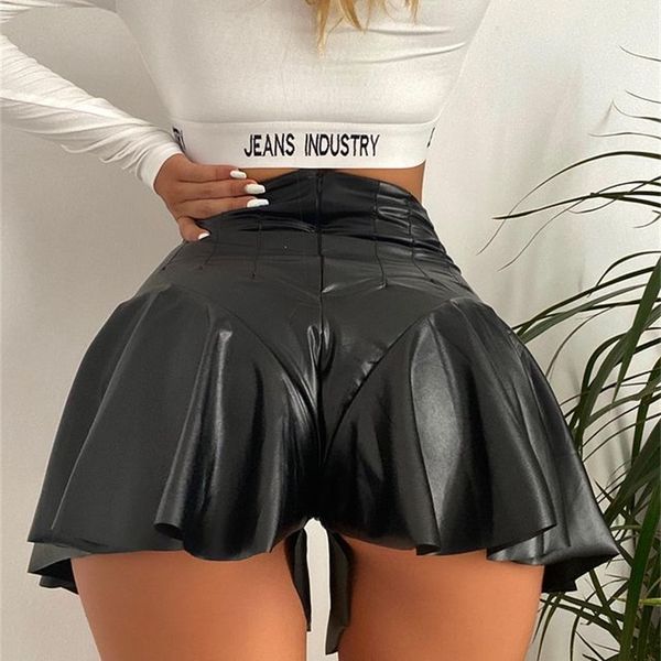 

women pu lether shorts skirts high waist soild color party clubwear summer fashion a line mini 220622, White;black