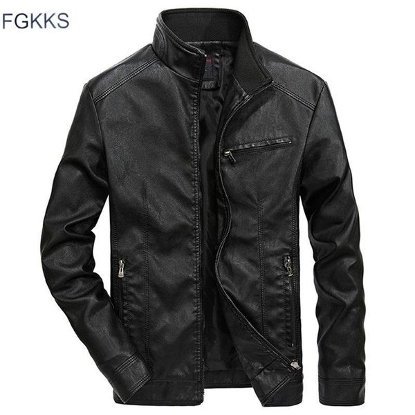 

fgkks brand warm men leather jacket mens leather motorcycle standing collar motorcycle style men's leather jackets t200106, Black