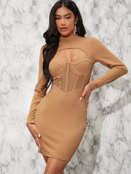 

mock neck cutout front mesh insert dress l4vs#, Black;gray