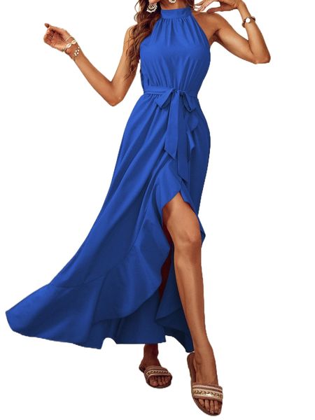 

halter neck ruffle asymmetrical hem belted dress 97pf#, Black;gray