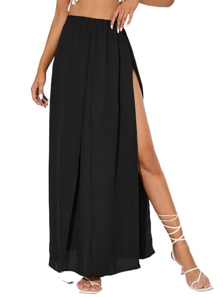 

tall elastic waist split thigh skirt a0py#, Black