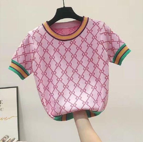 2022GG Camiseta Feminina de Malha Colorida Jacquard Flor Manga Curta Camiseta Luxo GGity Suéter Feminino Blusa