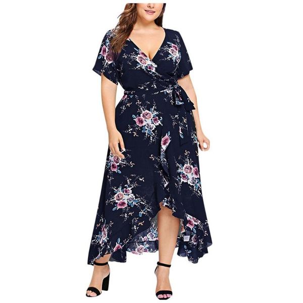 

plus size dresses fahsion women summer long dress 5xl curvy woman v neck short sleeve floral print ruffles boho beach dressplus, Black