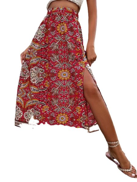 

floral print split thigh skirt o3c1#, Black