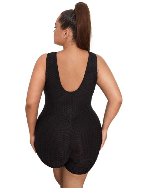 

plus backless honeycomb textured sports romper u1gl#, Black