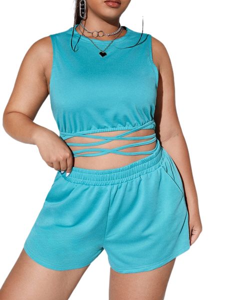 

plus crisscross tie back crop & shorts l7fs#, Black
