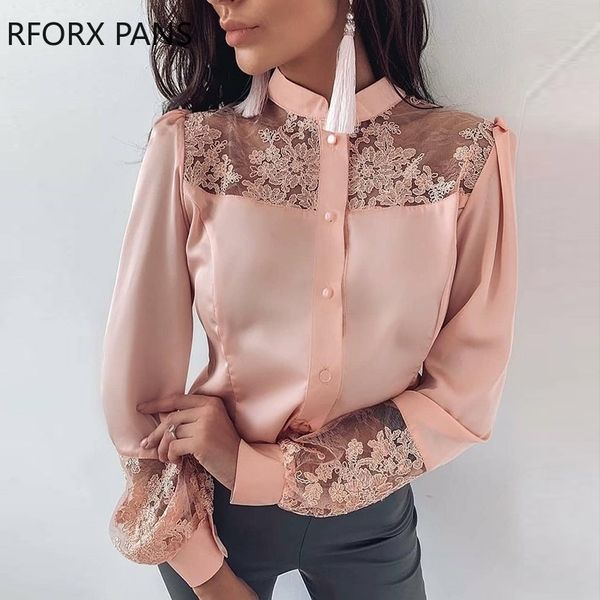 

mesh embroidery insert button up blouse long sleeve women chiffon blouse y200402, White