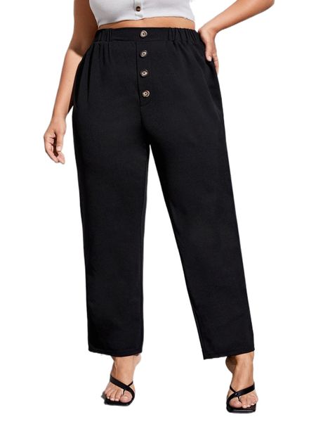 

plus button fly elastic waist pants f00k#, Black