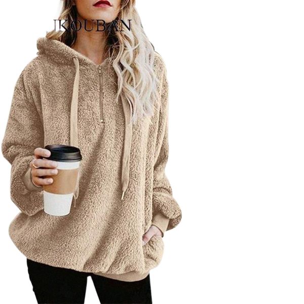 

hoodies women fleece sweatshirts autumn winter ladies oversized hoodie warm zipper pocket fur coat sudaderas para mujer 20211 v35q#, Black