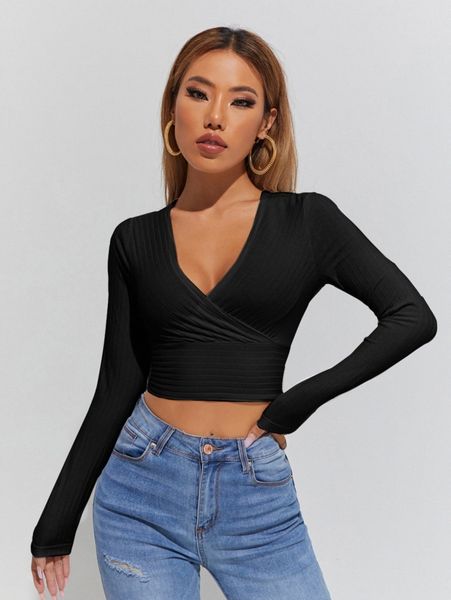 

petite surplice neck crop tee q97e#, White