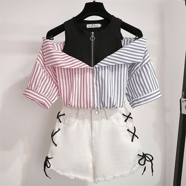 

2 sets girl summer sweet korean off shoulder and shorts 2 set clothing two pieces outfits 220611, White
