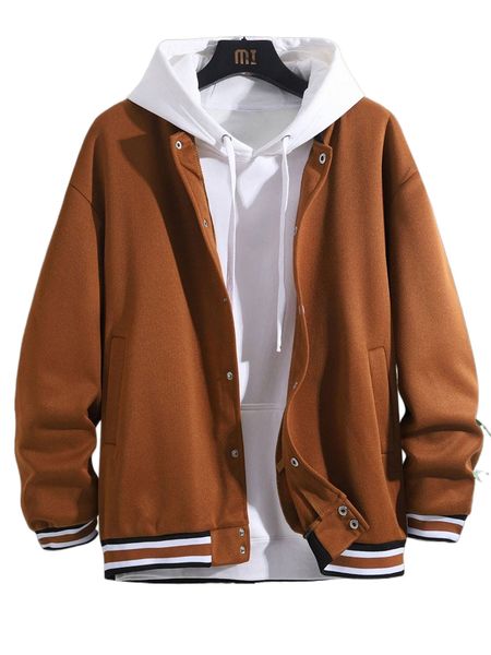 

men striped trim drop shoulder bomber jacket without hoodie p36t#, Black;brown