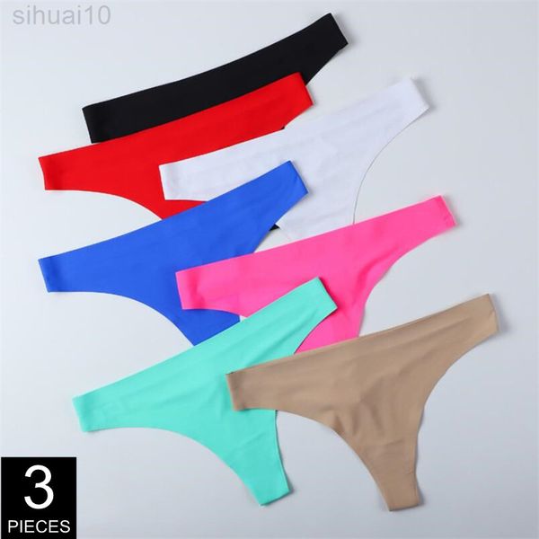 

3 pcs/pack ice silk women seamless underwear solid layer thong ladies sport intimate g-string panty s-xl l220801, Black;pink