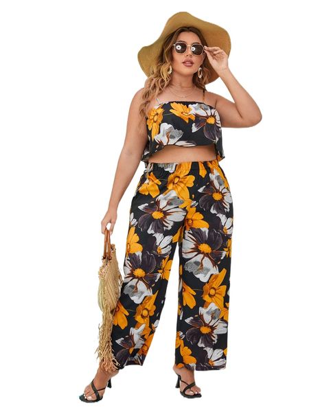 

plus allover floral print cami & wide leg pants u0hd#, Black