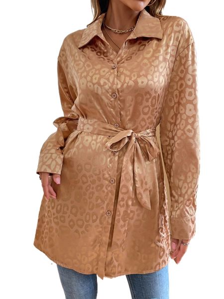 

leopard jacquard button through drop shoulder belted satin shirt j0bb#, White