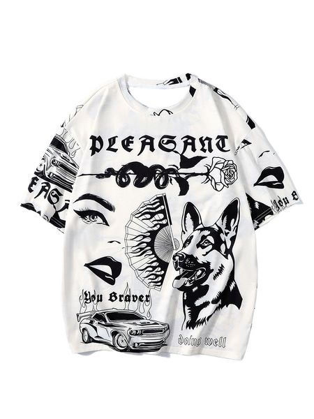 

men letter & car print tee 63fe#, White;black