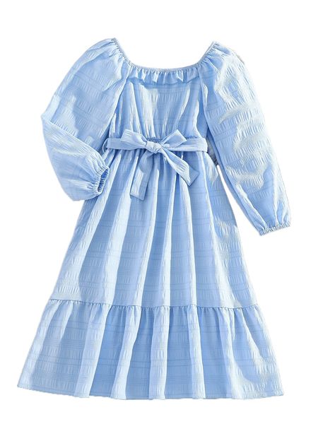 

girls ruffle hem bishop sleeve belted dress u9bo#, Black;white