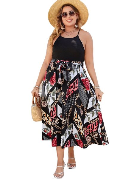 

plus halter & patchwork print knot front skirt w08b#, Black