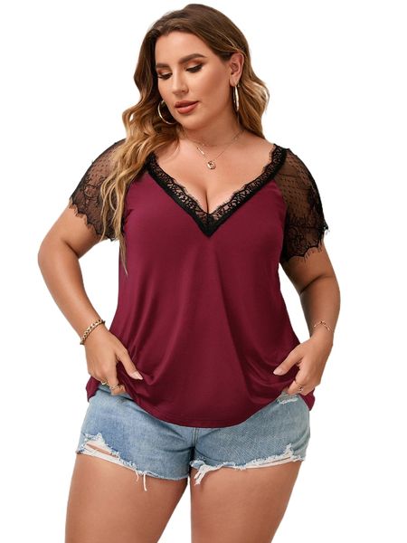 

plus contrast lace raglan sleeve k1g0#, Black