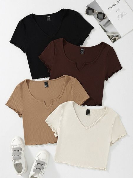 

4pcs notched neck lettuce trim tee f6dr#, White