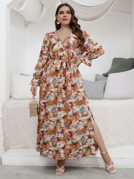 

plus butterfly print tie dye flounce sleeve split hem belted dress j3dg#, Black