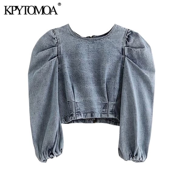 

vintage stylish short style pleated denim blouses women fashion back zipper puff sleeve shirts chic crop blusas mujer lj200810, White