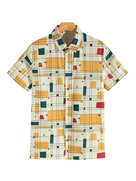 

men random geo & plaid print shirt g16w#, White;black