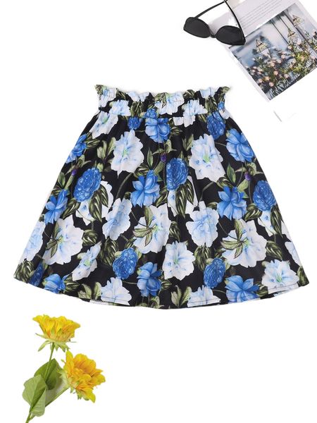 

allover floral print paperbag waist skirt 36ka#, Black