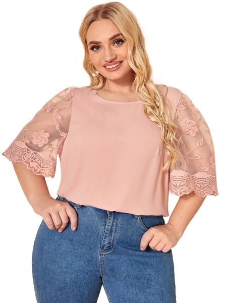 

plus embroidered mesh puff sleeve m1ue#, Black