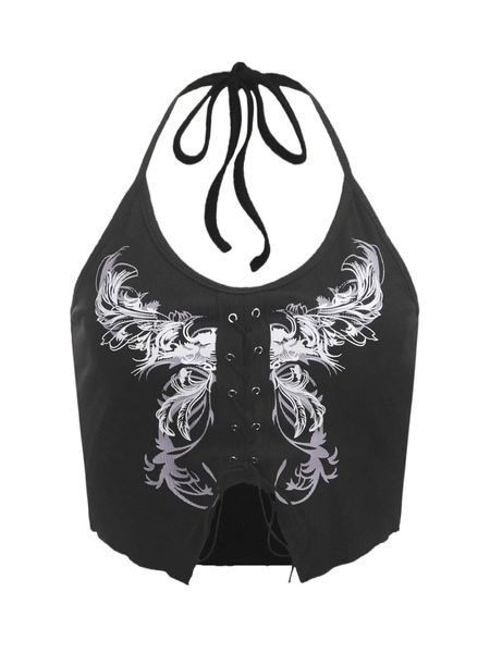

romwe gothic grunge graphic lace up halter y08u#, White