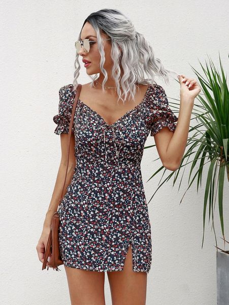 

ditsy floral print tie front slit hem fitted dress b8sp#, Black;gray