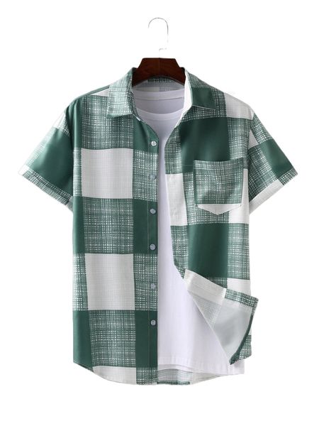 

men 1pc plaid print pocket patched shirt t1ry#, White;black