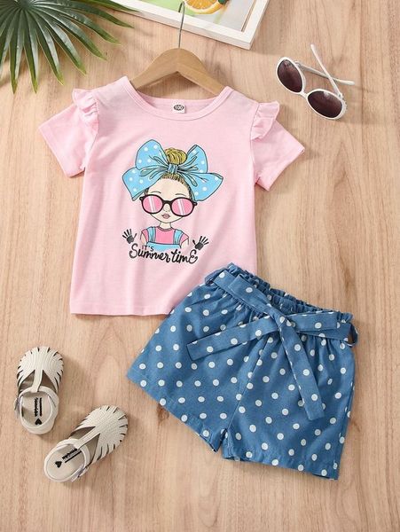 

toddler girls figure graphic ruffle tee with polka dot belted shorts she01, White