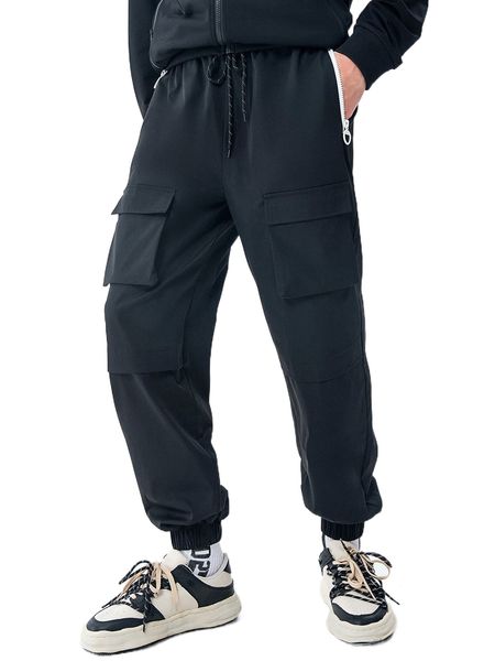 

men flap pocket drawstring waist pants f1e4#, Black